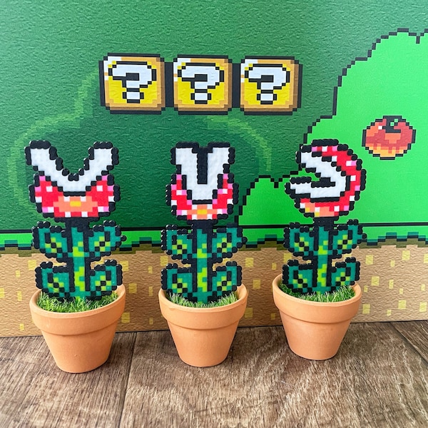 Potted Piranha Mario Plants with Grass | Video game decor | Desk Plant | Game Room Decor | Super Mario Plants | Pixel Piranha Plant |