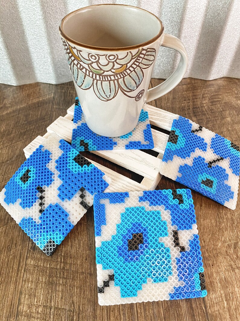 Retro Flowered Perler Bead Coasters Cork Backed Set of 4 Etsy