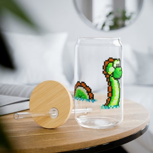 Lochness Yoshi Super Mario Iced Coffee Cup 16oz | Lochness Monster Gift | Yoshi Water Bottle | Super Mario Glass Cup | Video Game Gifts