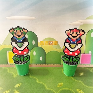 Large Retro Mario and Luigi Plant | Video game decor | Desk Plant | Game Room Decor | Super Mario Plant | Pixel Piranha Plant | Mario Flower