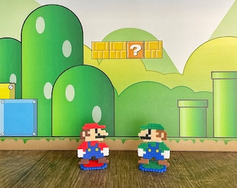 May include: Two pixel art figures of Mario and Luigi stand on a green and brown background. The background features a question mark block and a green pipe.