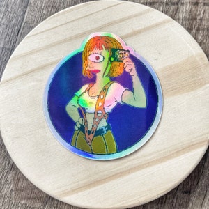 Holografische Leeloo Multipass Fifth 5th Element Futurama Mashup Sticker | Sticker mashup film uit de jaren 90 | Sticker Futurama-cartoon | Zwemmen voor volwassenen