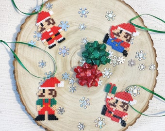 Super Mario Santa Christmas Decorations | Nerdy Tree Ornaments | Video Game Christmas Theme | Mario Mushroom Santa | Perler Bead Ornaments