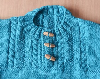 Jumper,Sweater, Round Neck, 3 Button, Wooden Toggles,Cable Pattern on Yoke, Front, Back, Boys, Girls,Childrens, Double Knitting Yarn.