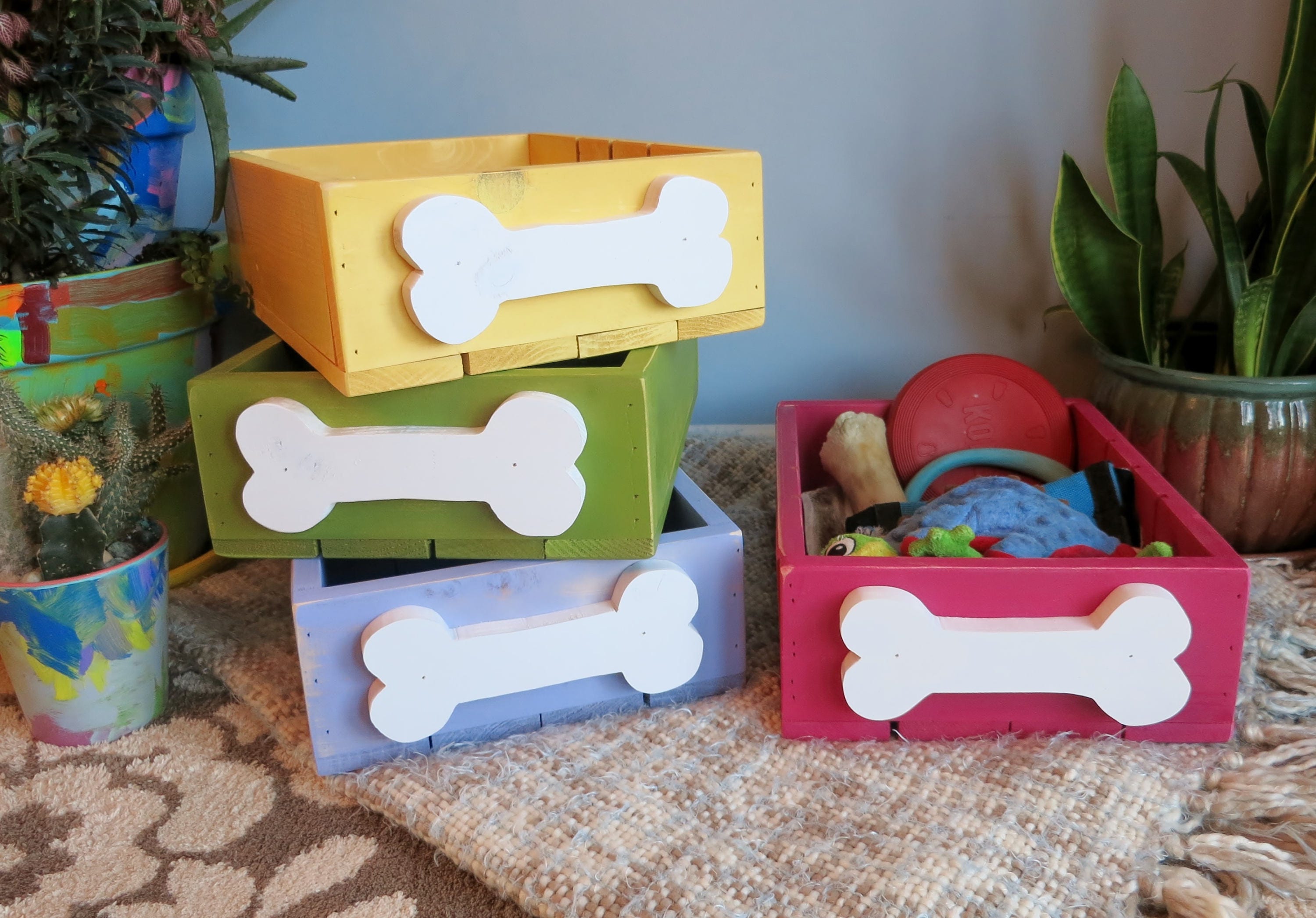 Fun storage boxes for dog toys and treats/Can make in any Etsy