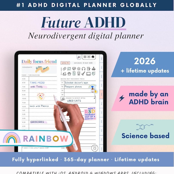 2026 ADHD Digital Planner (Rainbow): Self-Care and Habit Tracker (Goodnotes/Android) (Digital Download)