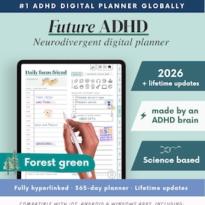 2026 ADHD Digital Planner (Forest green) Self-Care and Habit Tracker (Goodnotes/Android) Digital Download