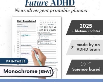 ADHD 印刷可能プランナー (ADHD 患者が作成) - 成人 ADHD ジャーナル、オーガナイザー、デイリープランナー、セルフケアと成長マインドセットのページ。科学に基づいています。