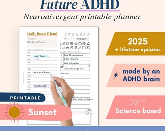 ADHD 印刷可能プランナー (ADHD 患者が作成) - 成人 ADHD ジャーナル、オーガナイザー、デイリープランナー、セルフケアと成長マインドセットのページ。科学に基づいています。