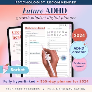 ADHD Digital Planner (made by an ADHDer) for iPad, Goodnotes + Android. Adult ADHD daily planner, self care & habit tracker. Science based