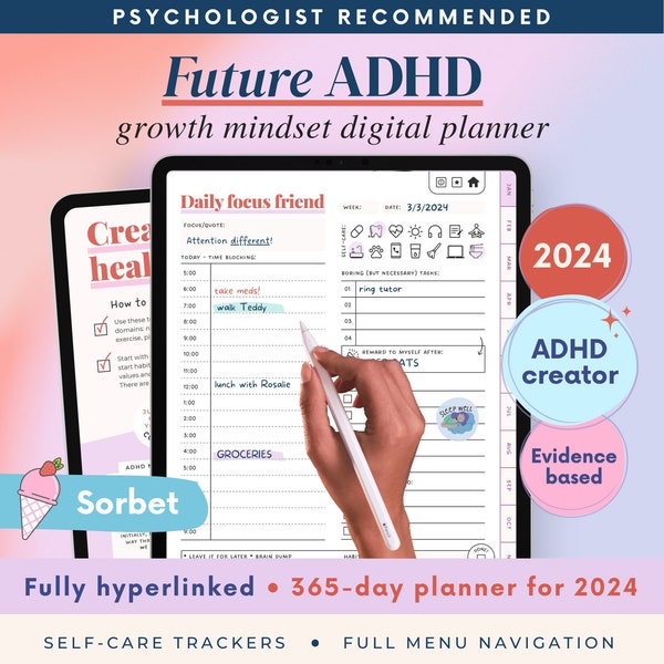 ADHD Digital Planner (made by an ADHDer) for iPad, Goodnotes + Android. Adult ADHD daily planner, self care & habit tracker. Science based