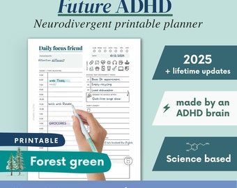 ADHD 印刷可能プランナー (ADHD 患者が作成) - 成人向け ADHD ワークブック、オーガナイザー、デイリープランナー、セルフケアと成長マインドセットのページ。科学に基づいています。