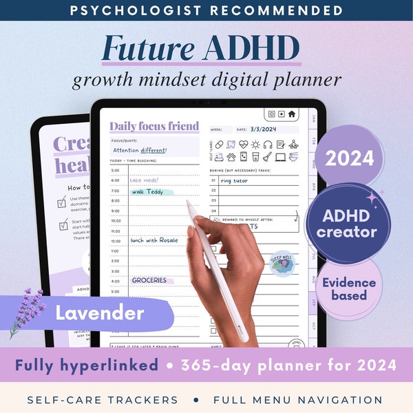 ADHD Digital Planner (made by an ADHDer) for iPad, Goodnotes + Android. Adult ADHD daily planner, self care & habit tracker. Science based