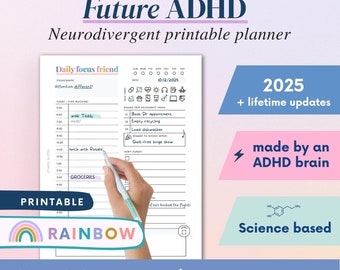 ADHD 印刷可能プランナー (ADHD 患者が作成) - 成人向け ADHD ワークブック、オーガナイザー、デイリープランナー、セルフケアと成長マインドセットのページ。科学に基づいています。