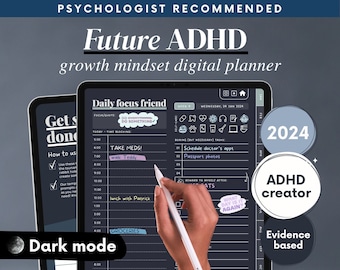 ADHD Digital Planner (made by an ADHDer) for iPad, Goodnotes + Android. Adult ADD daily planner, self care & habit tracker. Science based