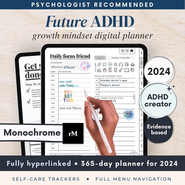 ADHD Digital Planner (made by an ADHDer) for iPad, Goodnotes, ReMarkable, Android. Adult ADD, self care, goal & habit tracker. Science based