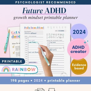 ADHD Planner (made by an ADHDer) - PRINTABLE Adult ADHD workbook, organizer, daily planner, self care & growth mindset pages. Science based.