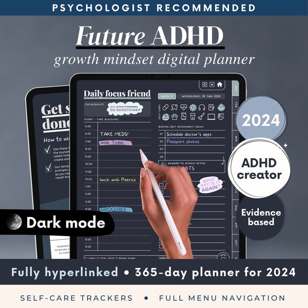 ADHD Digital Planner (made by an ADHDer) for iPad, Goodnotes + Android. Adult ADD daily planner, self care & habit tracker. Science based