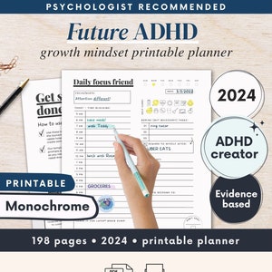 ADHD Planner (made by an ADHDer) - PRINTABLE Adult ADHD Journal, organizer, daily planner, self care & growth mindset pages. Science based.