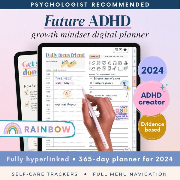 ADHD Digital Planner (made by an ADHDer) for iPad, Goodnotes + Android. Adult ADHD daily planner, self care & habit tracker. Science based