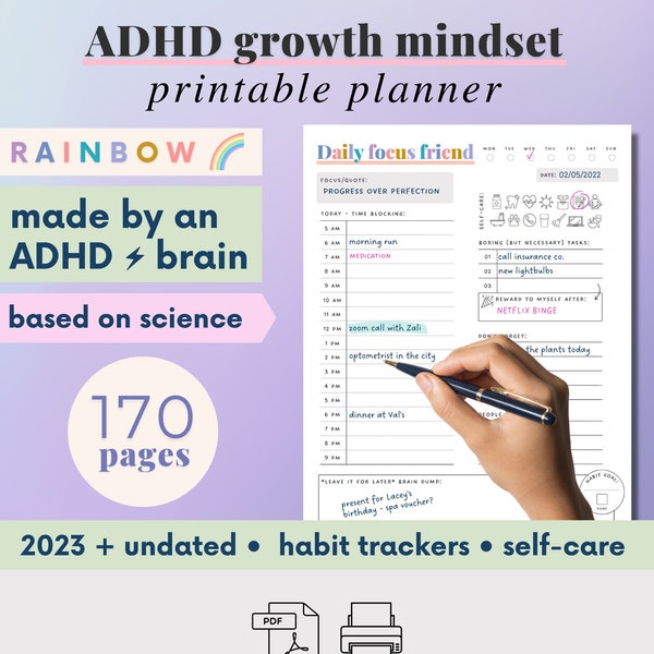 adhd homework checklist ADHD Planner (made by an ADHDer) - PRINTABLE Adult ADHD workbook, organizer, daily planner, self care & growth mindset pages. Science based.