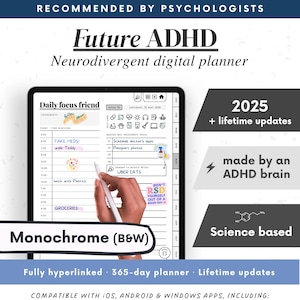 ADHD Digital Planner (made by an ADHDer) for iPad, Goodnotes, ReMarkable, Android. Adult ADD, self care, goal & habit tracker. Science based