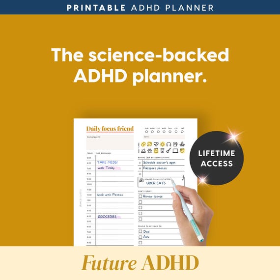 ADHD Planner (made by an ADHDer) - PRINTABLE Adult ADHD Journal, organizer, daily planner, self care & growth mindset pages. Science based.