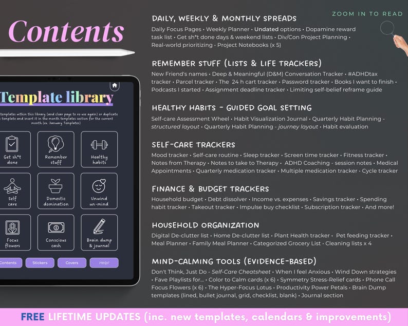 2026 ADHD Digital Planner (Dark Rainbow): Self-Care and Habit Tracker (iPad, Android) image 10