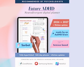 2026 + 2027 ADHD Digital Planner (Sorbet): Habit and Self-Care Tracker (Goodnotes, iOS, Android)