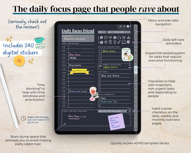ADHD Digital Planner made by an ADHDer for iPad, Goodnotes Android. Adult ADD daily planner, self care & habit tracker. Science based zdjęcie 6