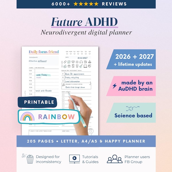 Planificador imprimible para TDAH 2026 + 2027 (Arcoíris) Organizador para personas neurodivergentes (PDF)