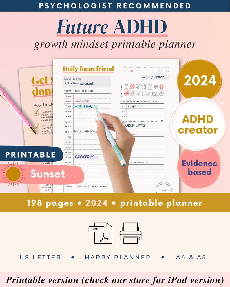 ADHD planner by an ADHD creator - printable - 2023 and 2024 - evidence based - psychologist recommended - Sunset colour