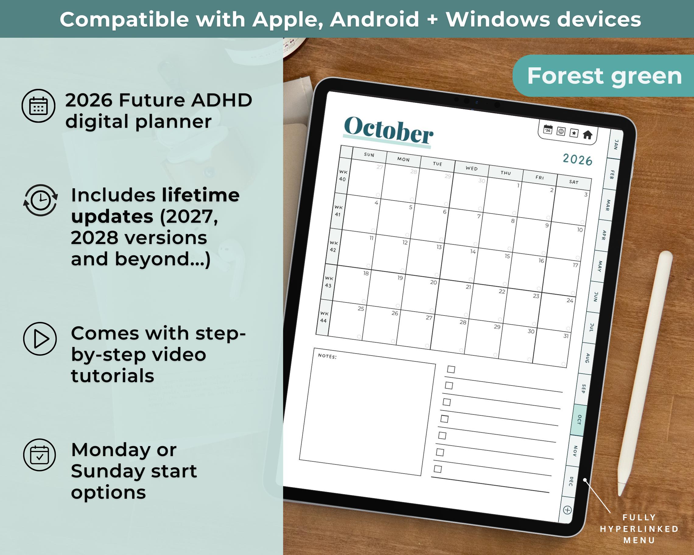 2026 ADHD Digital Planner (forest Green) Self-care and Habit Tracker ...