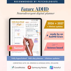 Puede incluir: Un planificador digital titulado Future ADHD Neurodivergent digital planner con un diseño de daily focus friend. La pantalla muestra un horario, lista de tareas e iconos. El texto incluye 2026 + 2027 + lifetime updates, made by an AuDHD brain.