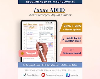 2026 + 2027 ADHD Digital Planner (Sunset): Habit and Self-Care Tracker (Goodnotes/Android)