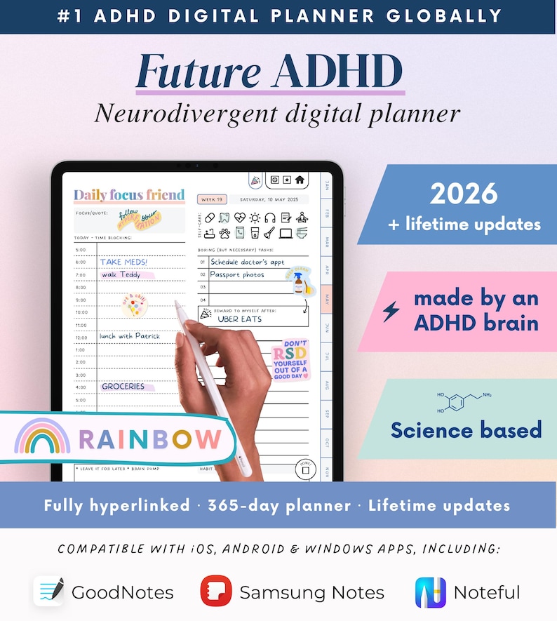 2026 ADHD Digital Planner (Rainbow): Self-Care and Habit Tracker (Goodnotes/Android) (Digital Download) image 1