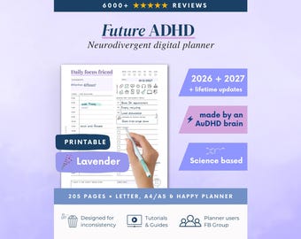 2026 + 2027 ADHD Printable Planner (Lavender) Adult Workbook, Self-Care and Growth (PDF)