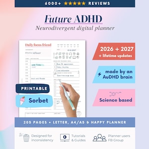 Könnte beinhalten: Ein digitaler Planer mit dem Titel Future ADHD und einem Daily focus friend Seitenlayout. Der Planer enthält Abschnitte für Zeitplanung, Gewohnheitsverfolgung und Aufgaben. Der Text umfasst 2026 + 2027 + lifetime updates und Science based.
