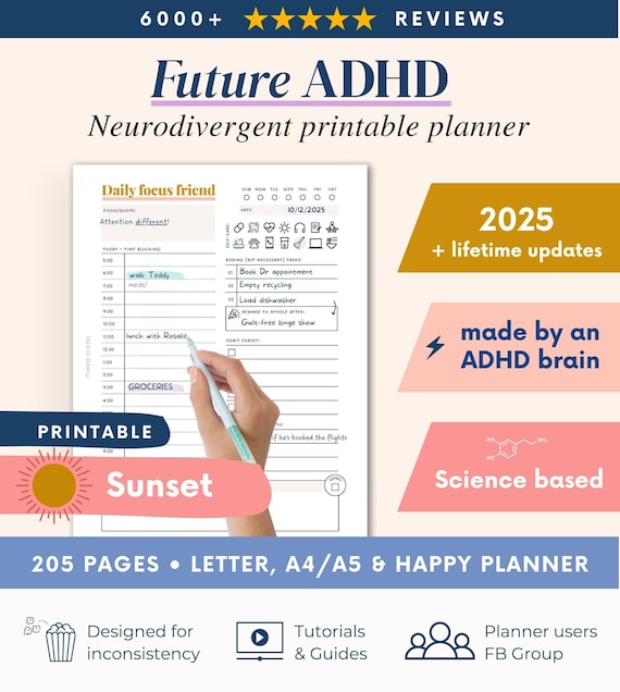 ADHD Planner (made by an ADHDer) - PRINTABLE Adult ADHD Journal, organizer, daily planner, self care & growth mindset pages. Science based.