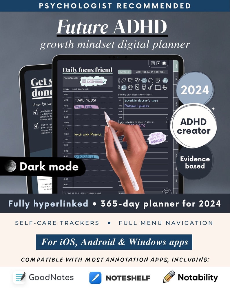 ADHD planner by an ADHD creator - digital - 2024 - evidence based - psychologist recommended - Dark mode - 260 pages