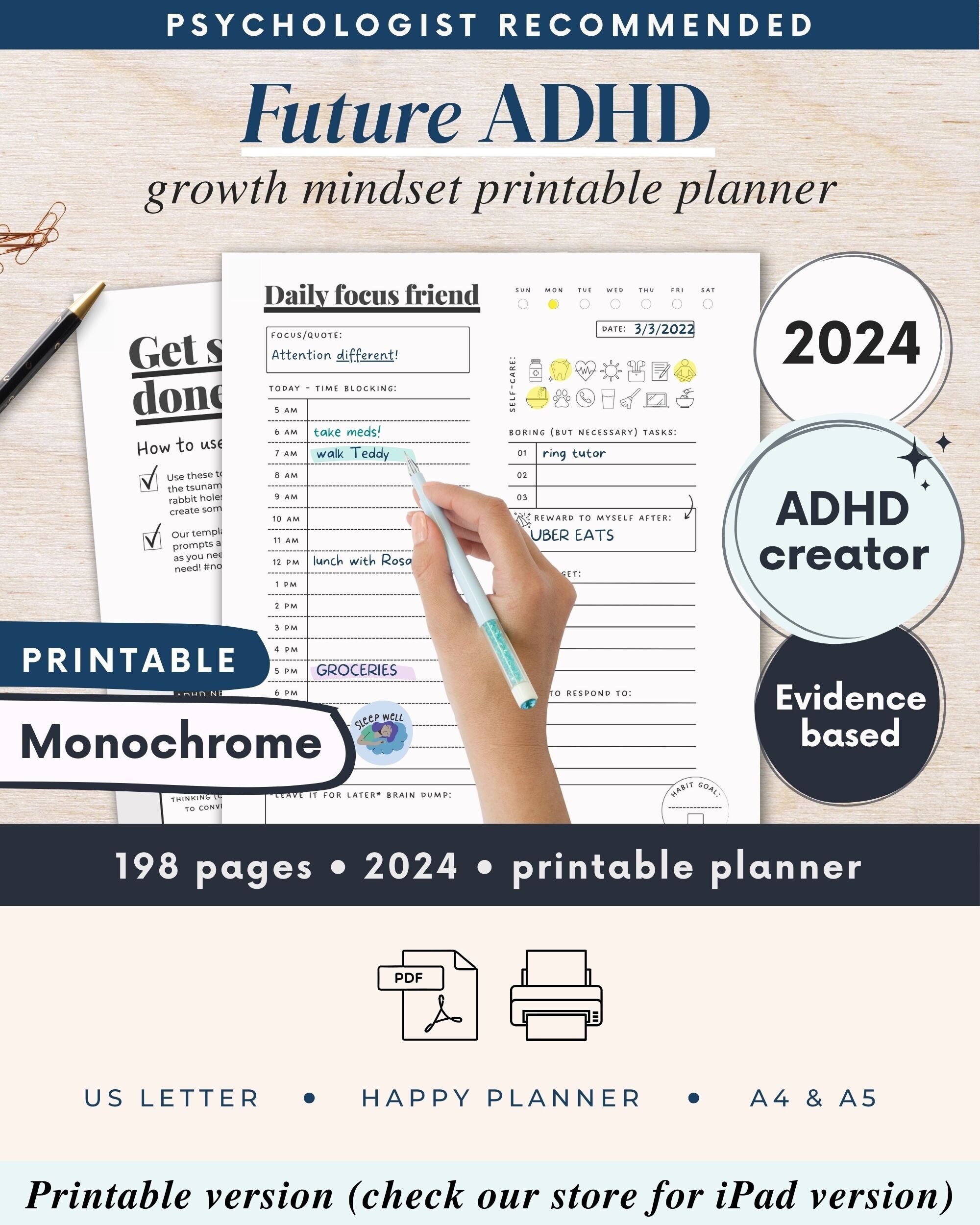 ADHD Planner made by an Adhder PRINTABLE Adult ADHD Journal, Organizer,  Daily Planner, Self Care & Growth Mindset Pages. Science Based. - Etsy