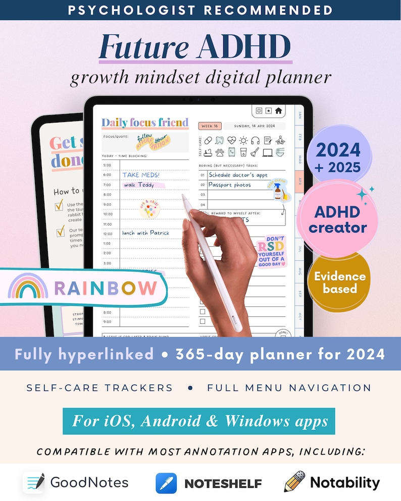 ADHD Digital Planner made by an ADHDer for iPad, Goodnotes Android. Adult ADHD daily planner, self care & habit tracker. Science based image 1