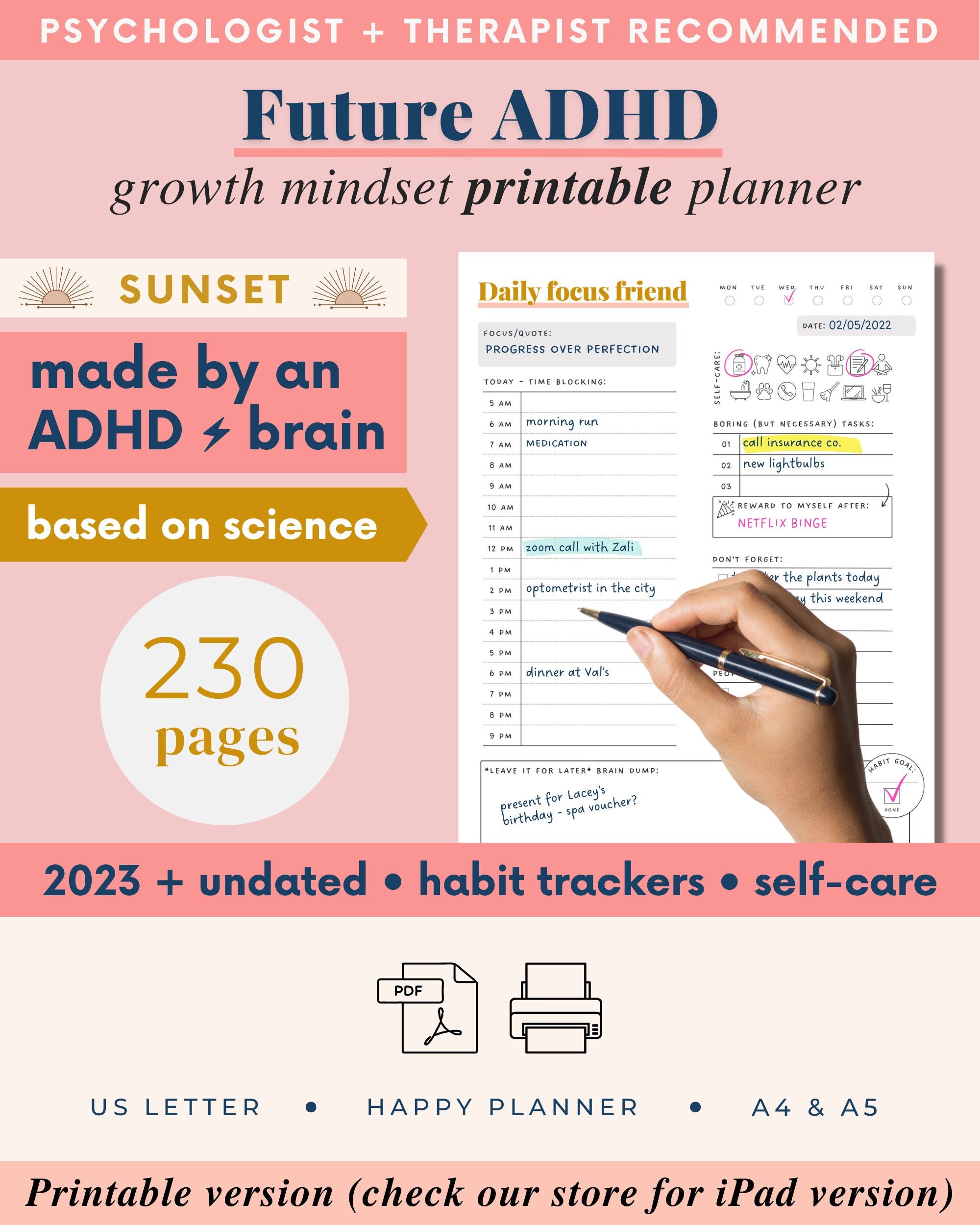 ADHD Planner (made by an ADHDer) - PRINTABLE Adult ADHD Journal, organizer, daily planner, self care & growth mindset pages. Science based.