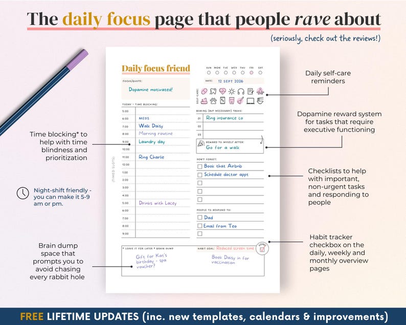 2026 ADHD Printable Planner (Sunset) Adult Daily Journal, Self-Care (PDF) image 7