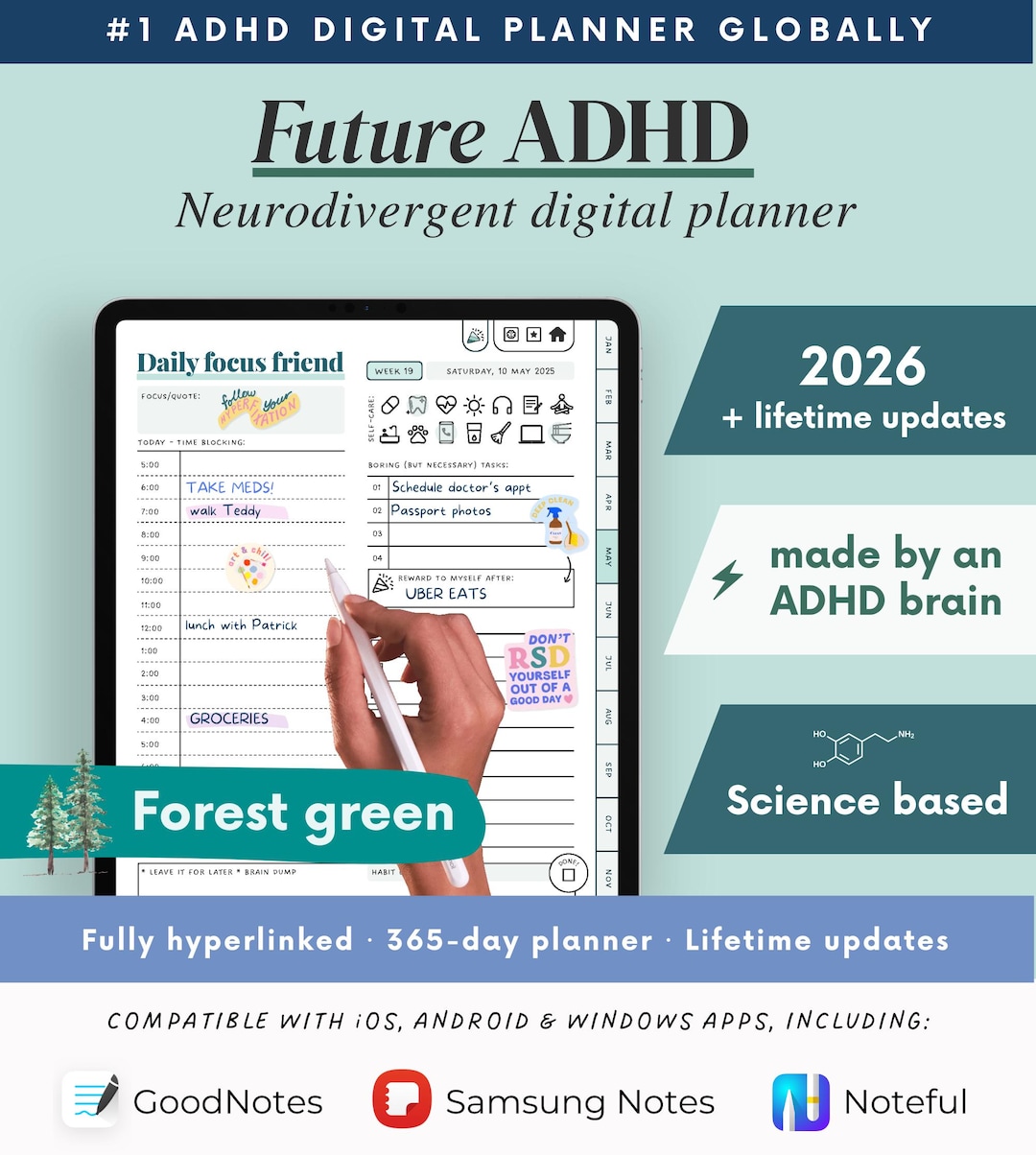 2026 ADHD Digital Planner (forest Green) Self-care and Habit Tracker ...