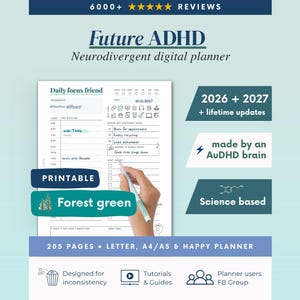 Może przedstawiać: Cyfrowy planer zatytułowany Future ADHD Neurodivergent digital planner z układem daily focus friend. Strona zawiera sekcje do blokowania czasu, śledzenia nawyków i notatek. Tekst zawiera 6000+ reviews, 2026 + 2027 + lifetime updates, made by an AuDHD brain, science based oraz 205 pages letter, A4/A5 & happy planner.