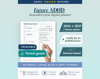 2026 + 2027 ADHD Printable Planner (Forest Green) Daily Focus Friend, AuDHD planner (PDF)