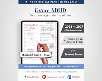 2026 + 2027 ADHD Digital Planner (Monochrome) Goal and Habit Tracker - Digital Download