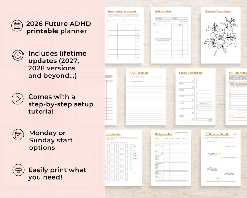 2026 ADHD Printable Planner (Sunset) Adult Daily Journal, Self-Care (PDF) image 4