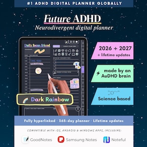 Puede incluir: Una agenda digital mostrada en la pantalla de una tableta con interfaz oscura, que incluye el texto Future ADHD, Daily focus friend y Dark Rainbow. La agenda contiene secciones para tareas diarias, horarios y notas con cuadros de texto de colores.